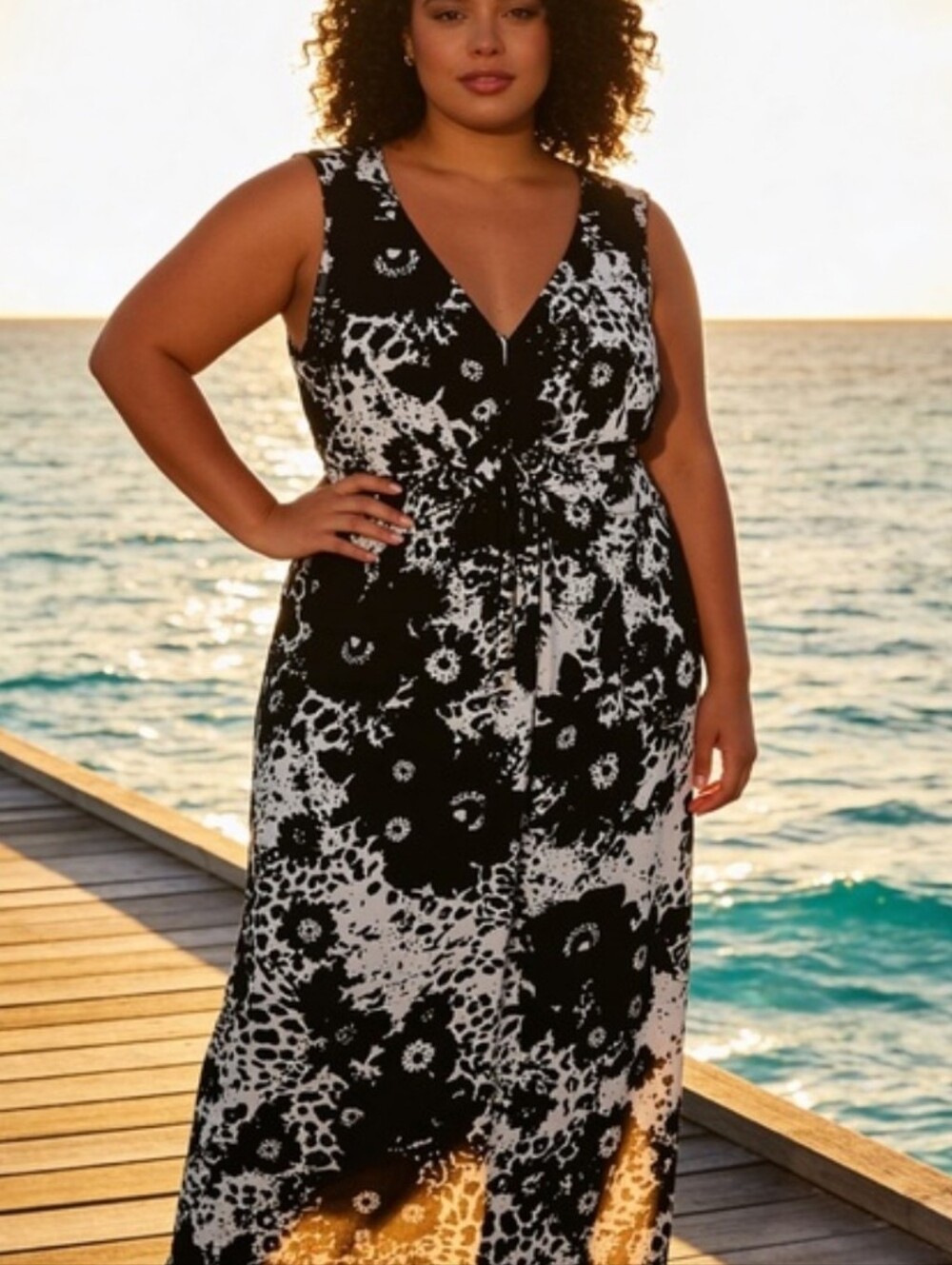 RAFAELLA Black & White Floral Print V-neck Maxi Dress